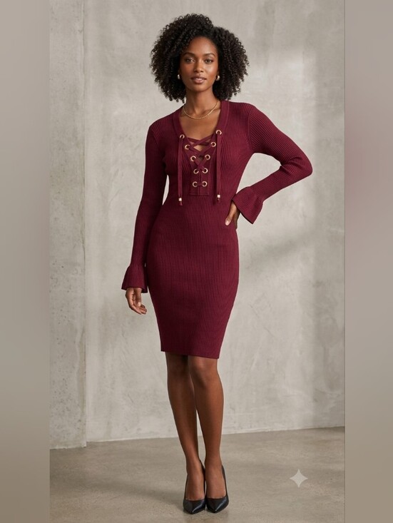 Michael Kors Dresses & Skirts - 🍒 🍒 🍒 ♥️ ♥️ Michael Kors Ribbed Lace-Up Long Sleeve Dress in Burgundy